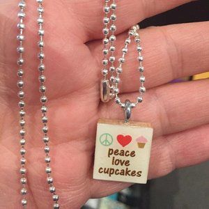 {2/$12,4/$20) Peace Love Cupcakes Scrabble Tile Necklace